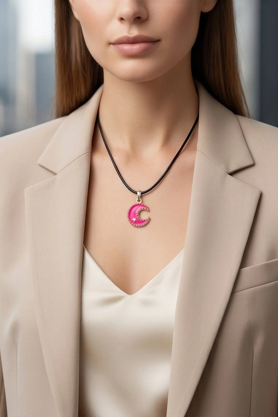 Gold and Pink Celestial Crescent Moon Necklace