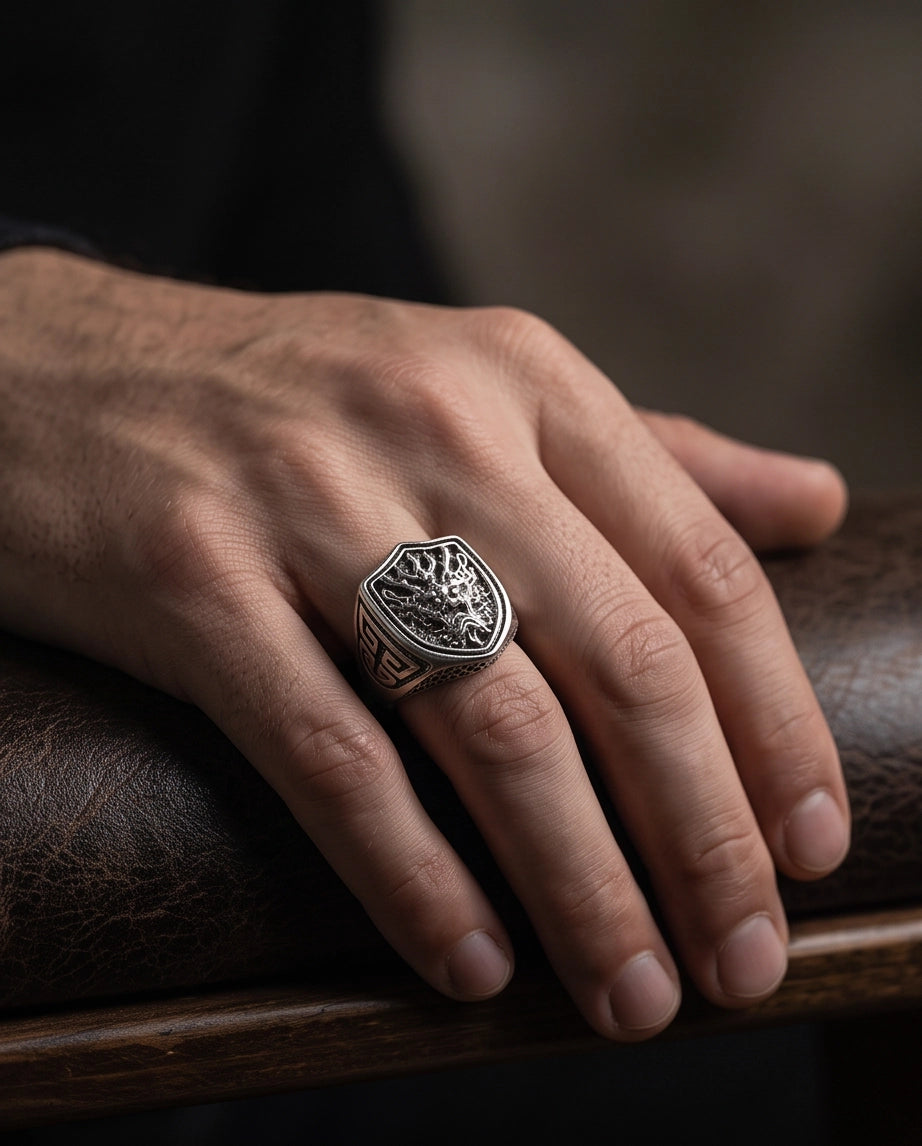 Draconic Shield Crest Silver Signet Ring