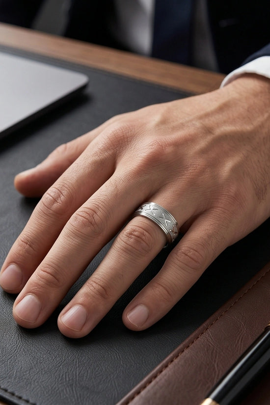 Textured Silver 'X' Engraved Band Ring