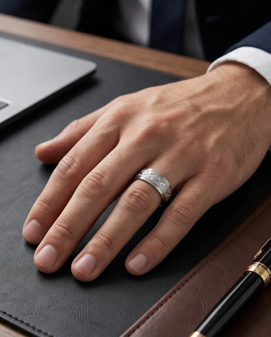 Textured Silver 'X' Engraved Band Ring
