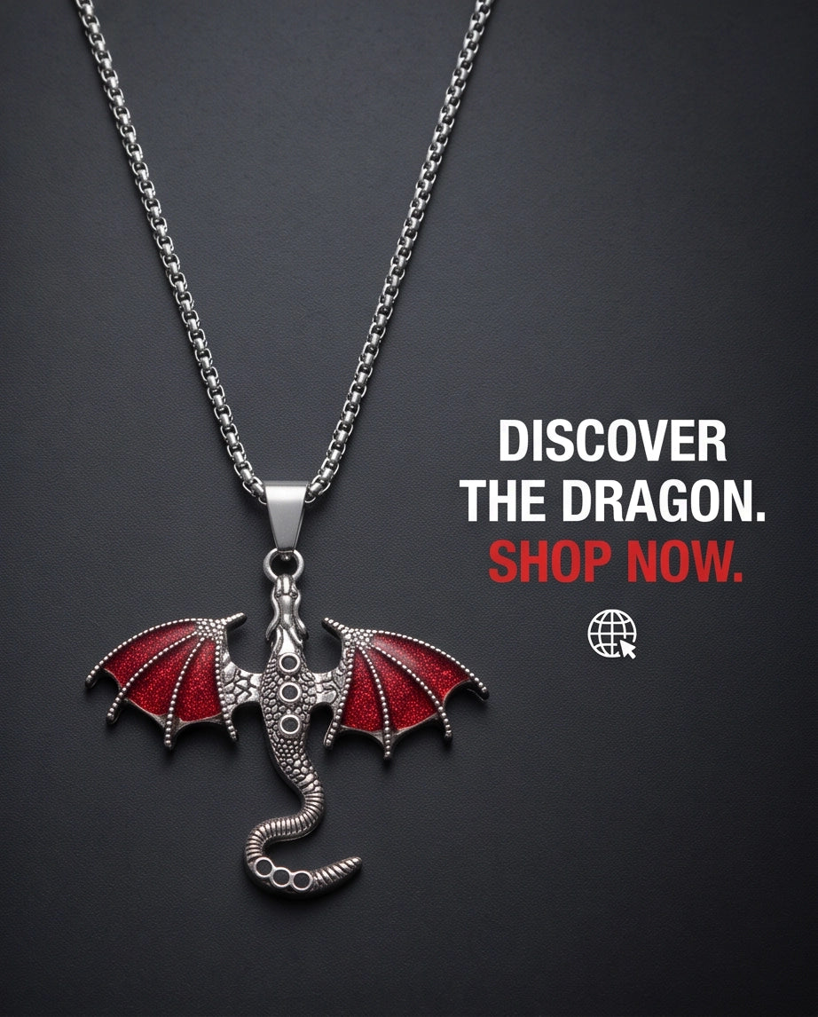 Silver Red Enamel Dragon Wyvern Pendant Necklace