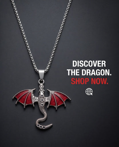 Silver Red Enamel Dragon Wyvern Pendant Necklace