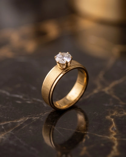 Gold Round Gemstone Brushed Solitaire Ring