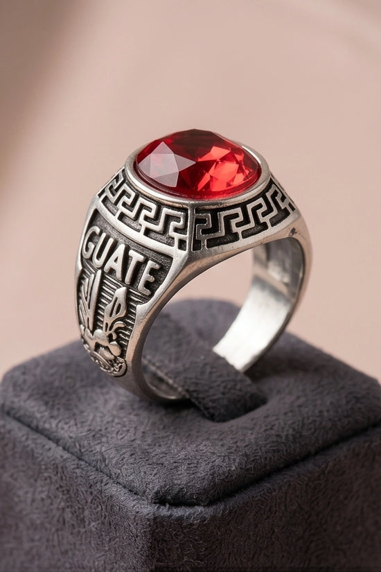 Vintage Greek Key Ruby Red Gemstone Ring