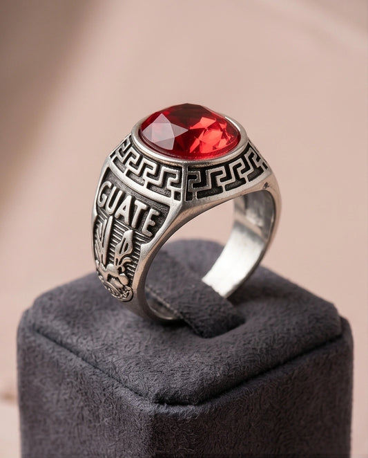 Vintage Greek Key Ruby Red Gemstone Ring