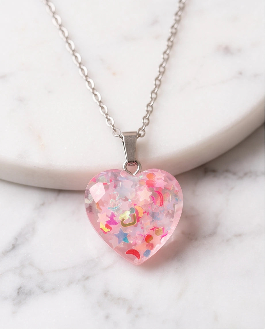 Silver Faceted Rose Pink Glitter Heart Resin Pendant Necklace