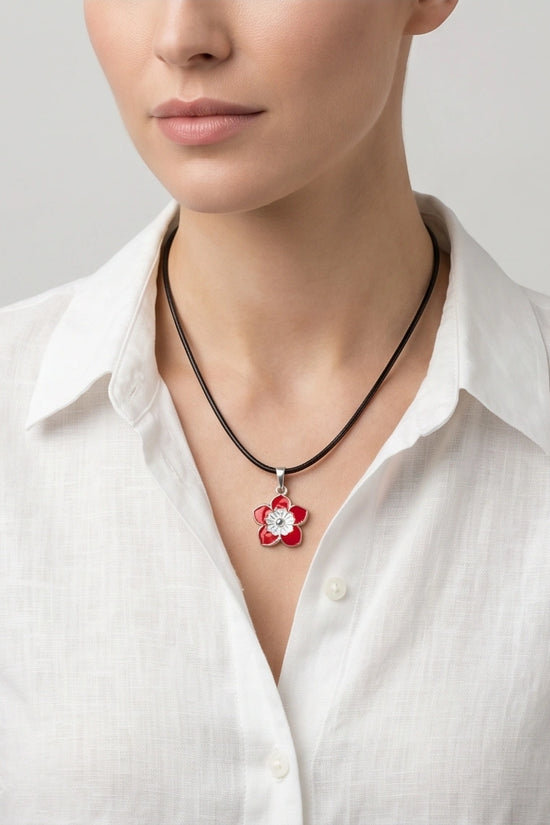 Vibrant Red and White Layered Floral Enamel Pendant Necklace