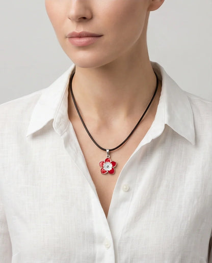 Vibrant Red and White Layered Floral Enamel Pendant Necklace