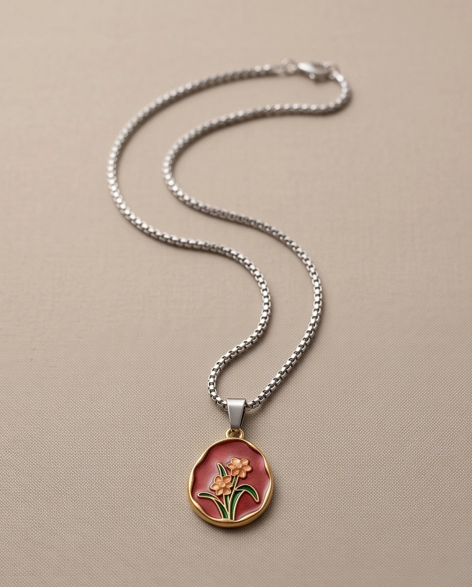 Gold Pink Floral Enamel Medallion Chain Necklace