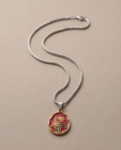 Gold Pink Floral Enamel Medallion Chain Necklace