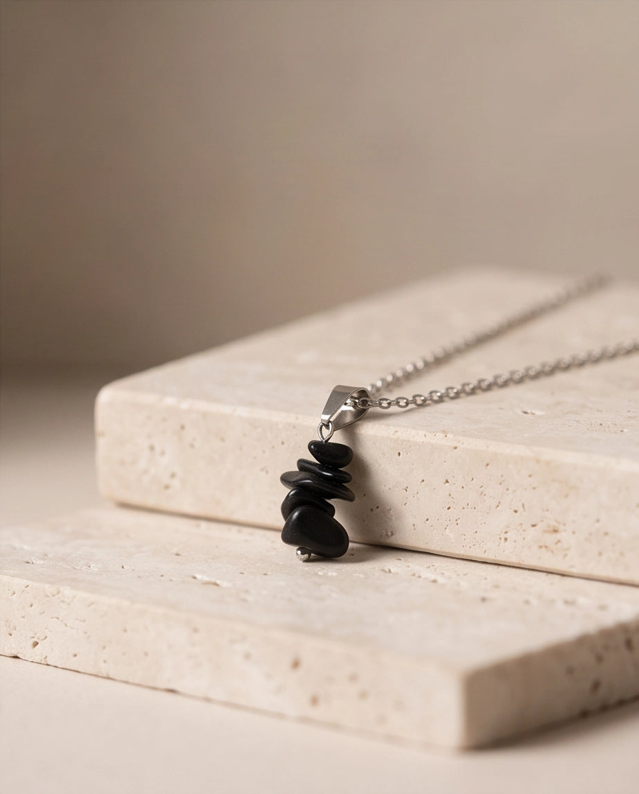 Silver Stacked Raw Black Obsidian Chip Stone Pendant Necklace