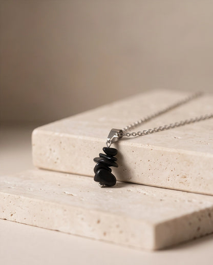 Silver Stacked Raw Black Obsidian Chip Stone Pendant Necklace