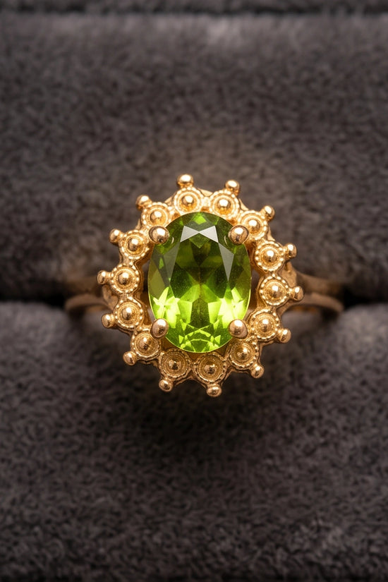 Vintage 14K Gold Oval Peridot Victorian Halo Ring