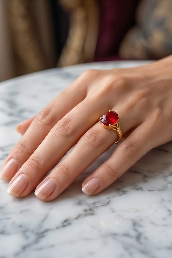 Gold Plated Crimson Ruby Oval Filigree Ring