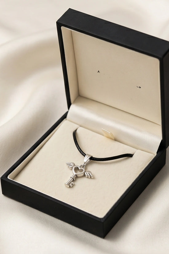 Silver Angel Wing Heart Key Necklace