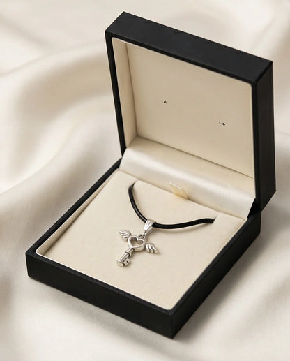 Silver Angel Wing Heart Key Necklace
