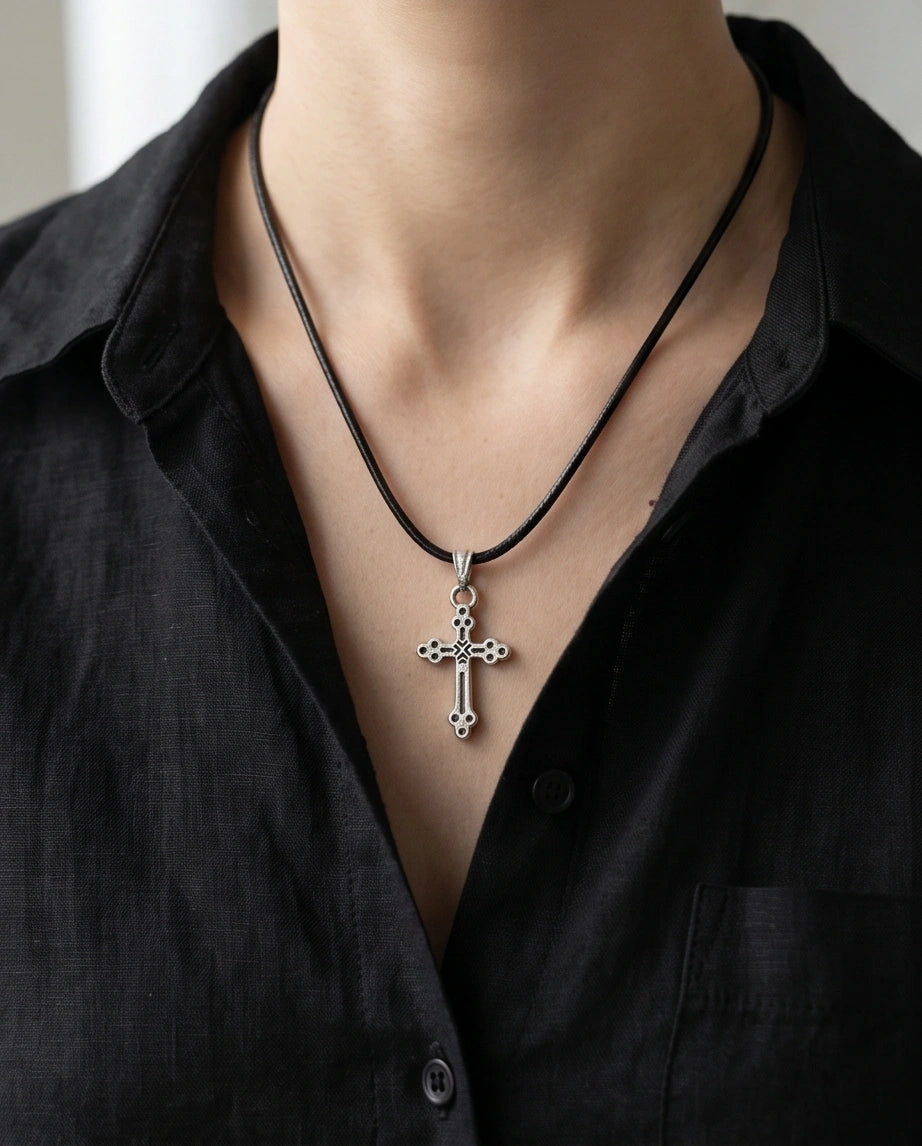 Silver Detailed Decorative Cross Necklace