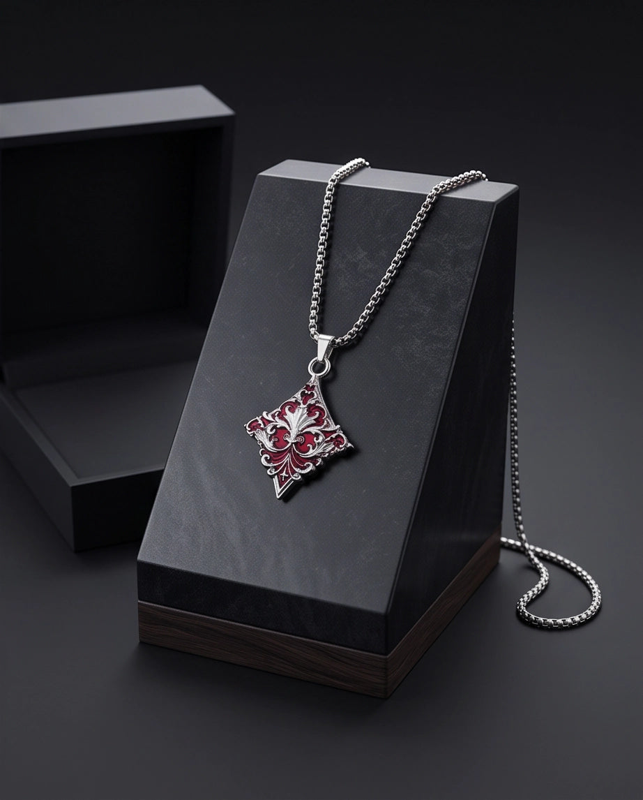Silver Red Enamel Filigree Diamond Pendant Necklace