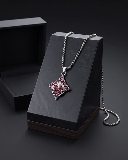 Silver Red Enamel Filigree Diamond Pendant Necklace