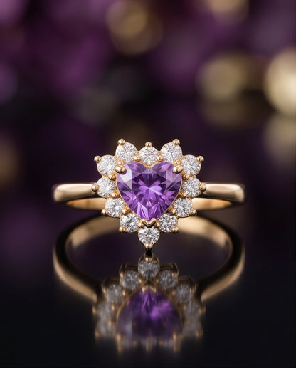 Gold Purple Heart Gemstone Halo Ring