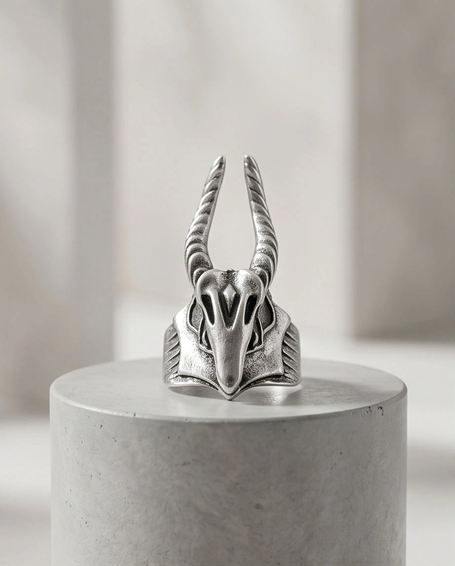 Oxidized Silver Horned Skull Sculpted Ring