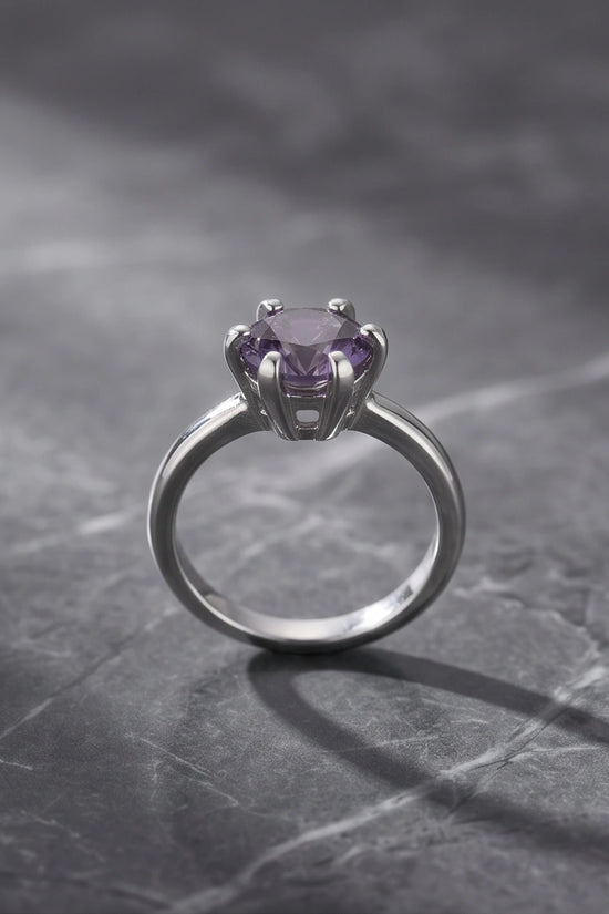 Sterling Silver Amethyst Purple Round Cut Solitaire Ring