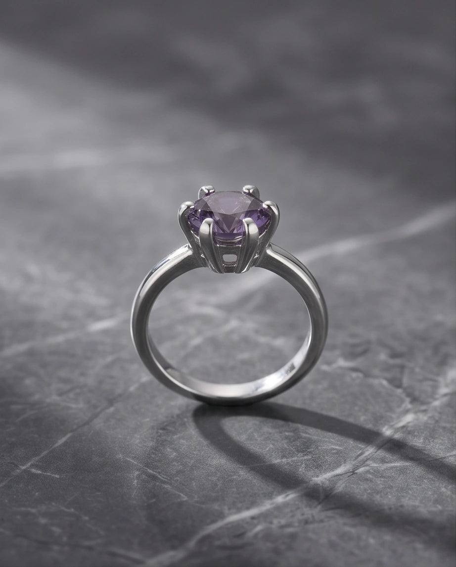 Sterling Silver Amethyst Purple Round Cut Solitaire Ring