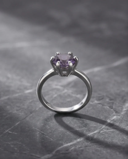 Sterling Silver Amethyst Purple Round Cut Solitaire Ring