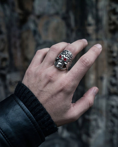 Crimson-Eyed Tribal Ornament Skull Ring