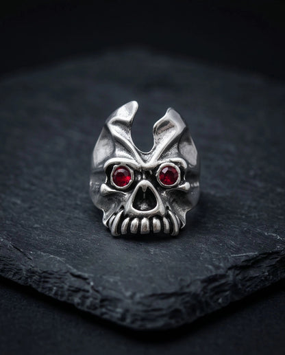 Ruby-Eyed Horned Demon Skull Ring