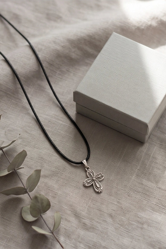 Silver Textured Petal Cross Necklace