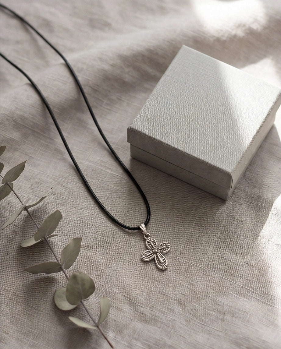 Silver Textured Petal Cross Necklace