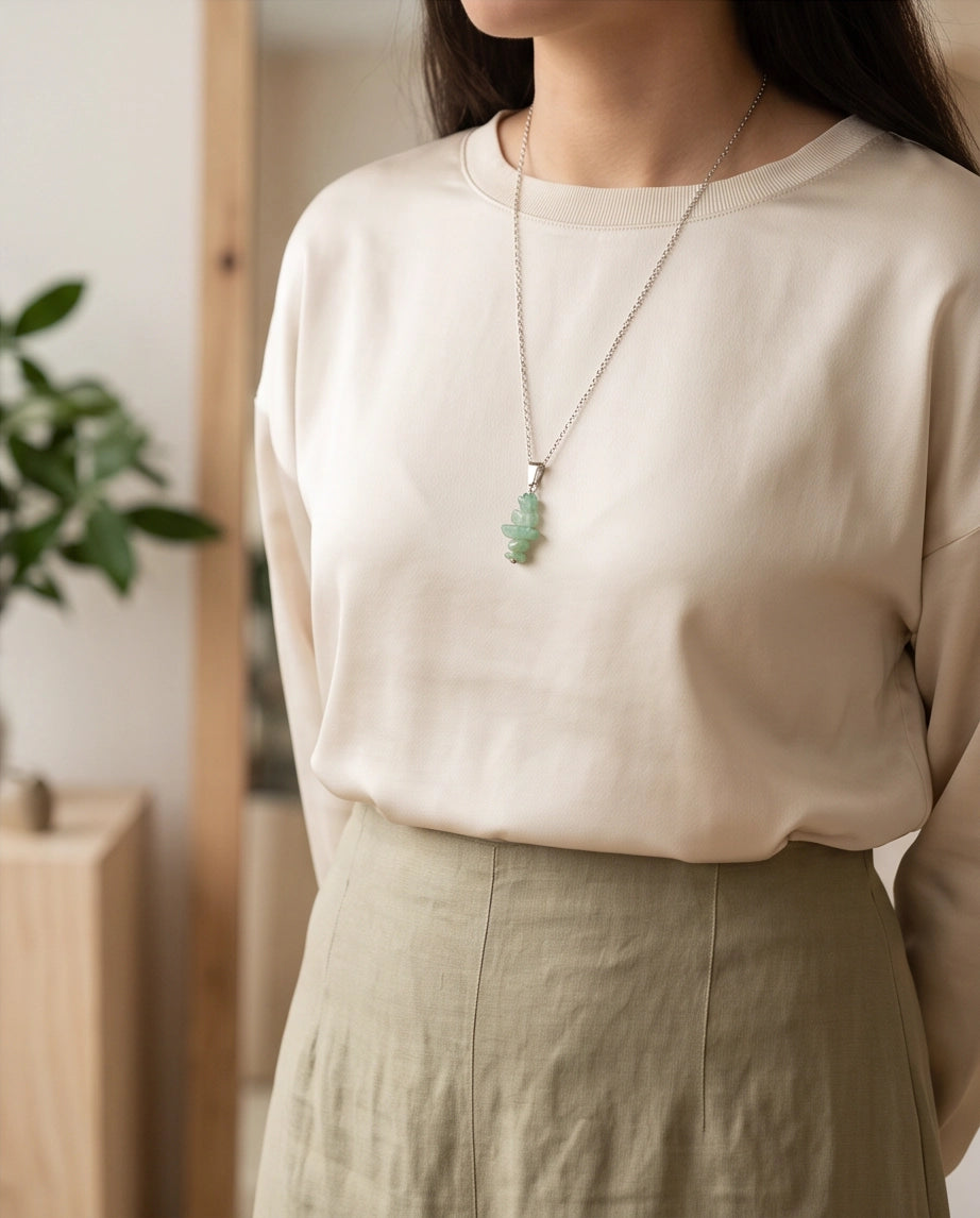 Silver Stacked Raw Green Aventurine Chip Stone Pendant Necklace