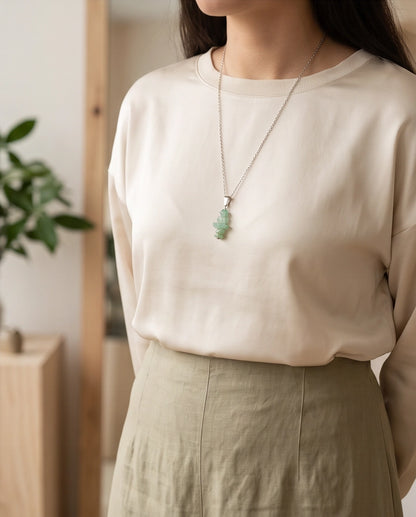 Silver Stacked Raw Green Aventurine Chip Stone Pendant Necklace