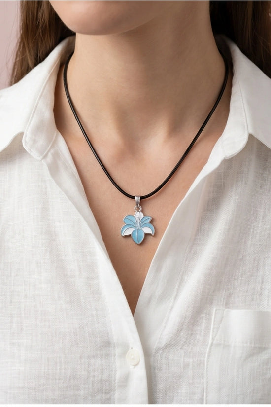 Serene Blue and White Lily Enamel Pendant Necklace