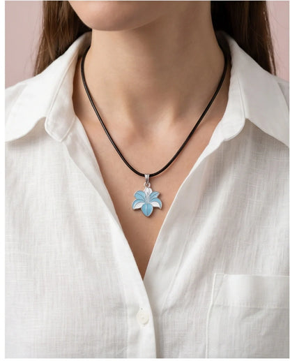 Serene Blue and White Lily Enamel Pendant Necklace