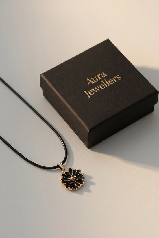 Gold and Black Sunflower Pendant Necklace