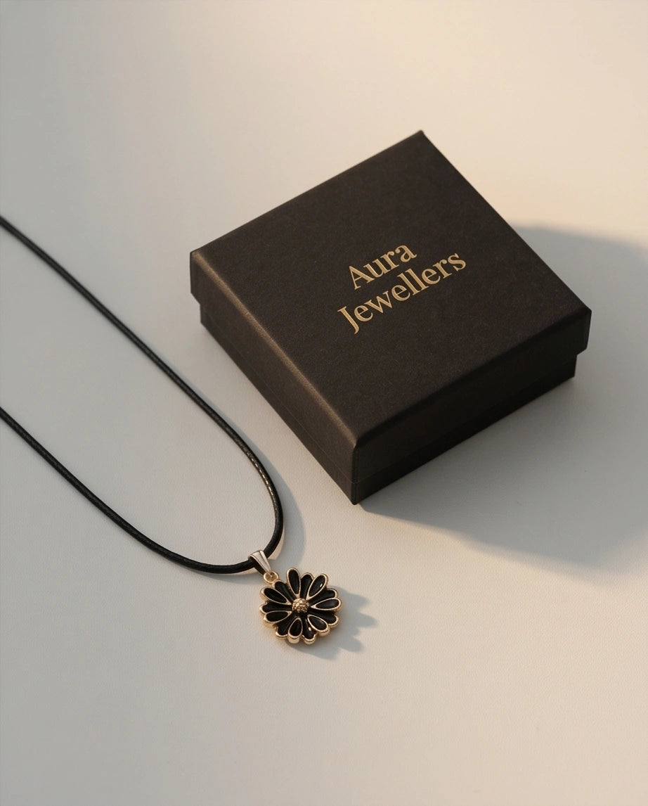 Gold and Black Sunflower Pendant Necklace