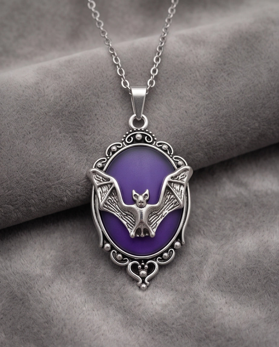 Silver Gothic Bat Purple Enamel Medallion Chain Necklace