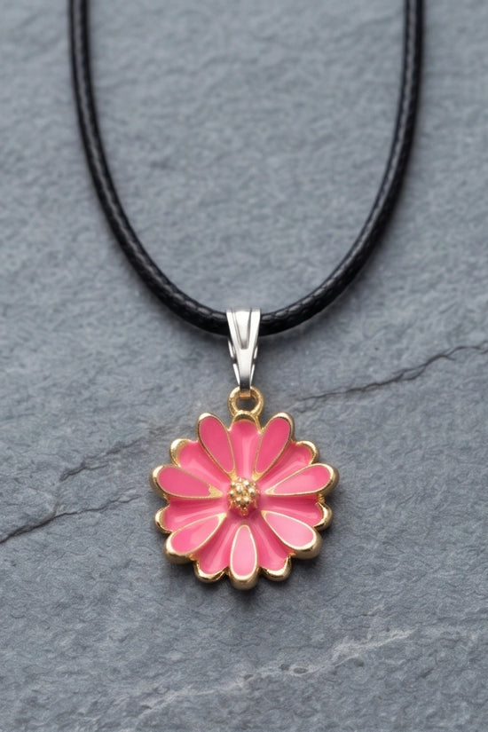 Pink Enamel Sunflower Pendant Necklace