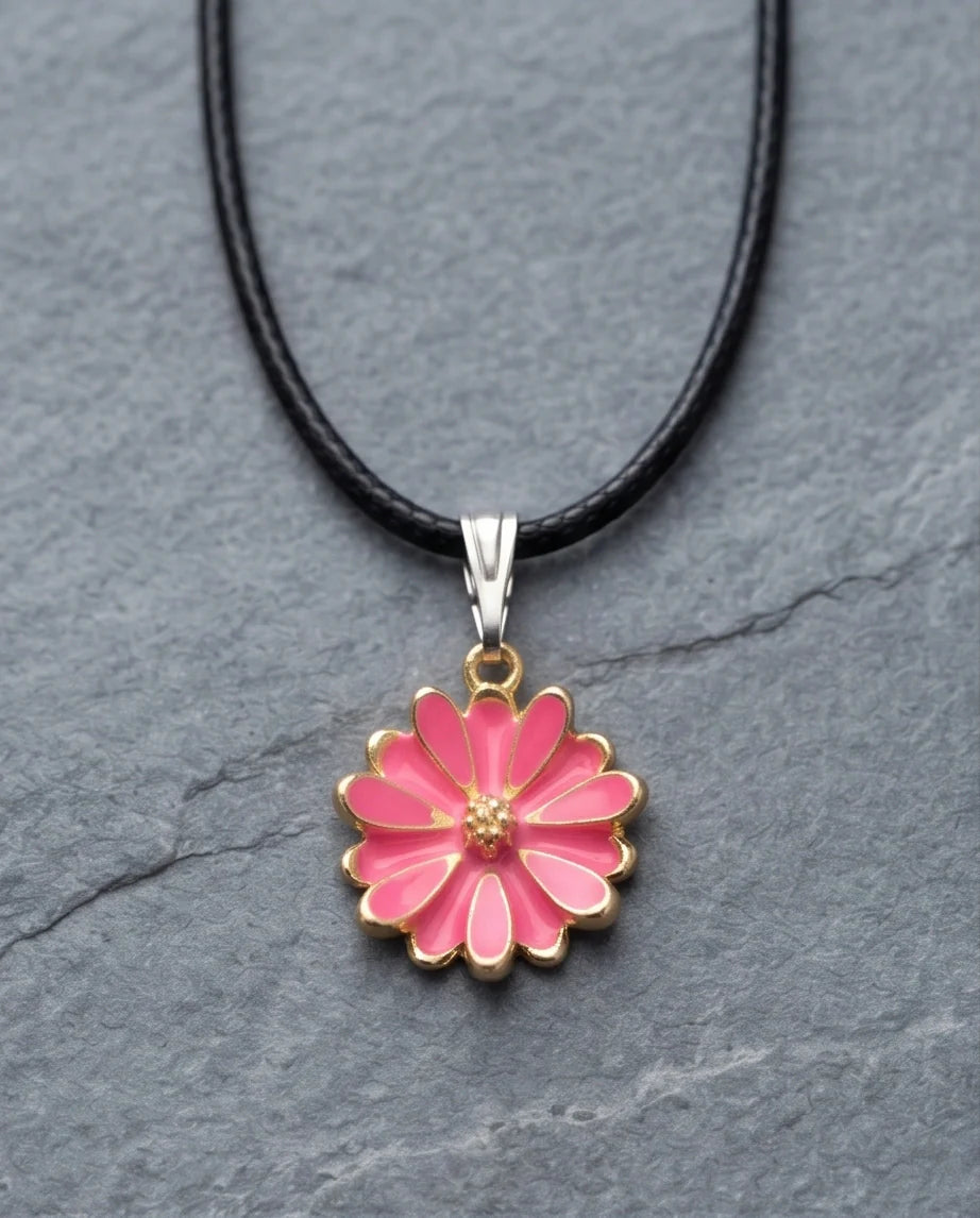 Pink Enamel Sunflower Pendant Necklace