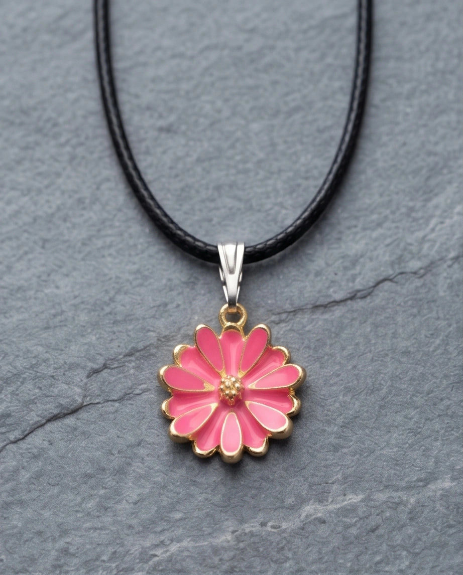 Pink Enamel Sunflower Pendant Necklace
