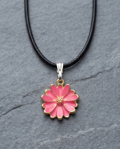 Pink Enamel Sunflower Pendant Necklace