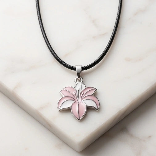 Elegant Pastel Pink and White Lily Enamel Pendant Necklace