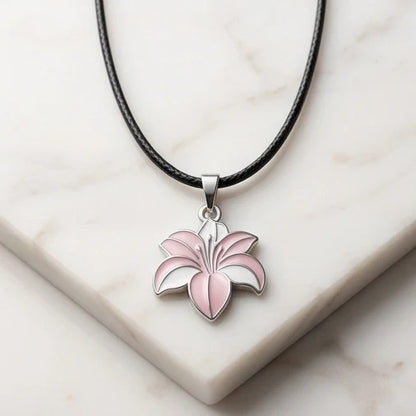 Elegant Pastel Pink and White Lily Enamel Pendant Necklace