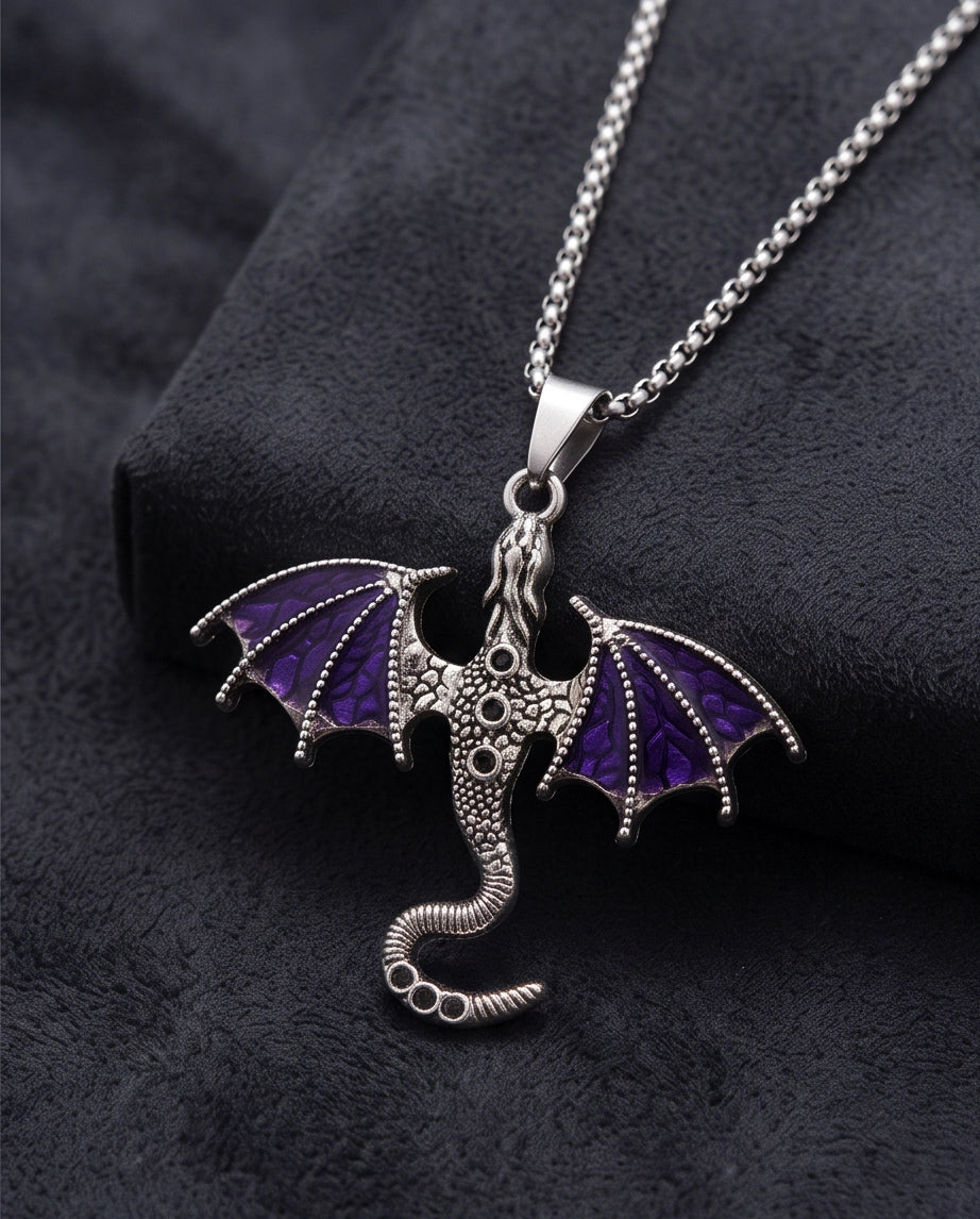 Silver Purple Enamel Dragon Wyvern Pendant Necklace