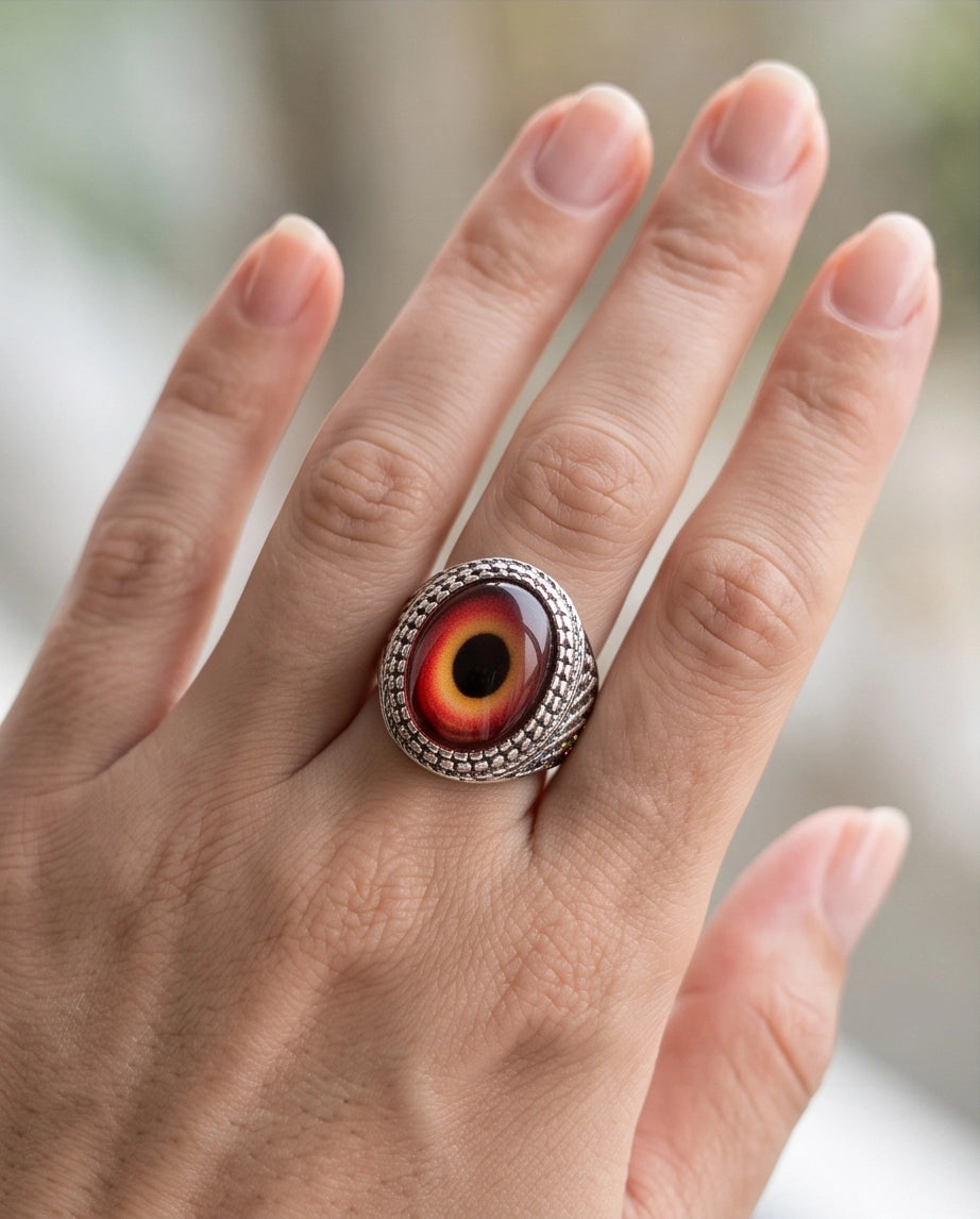 Crimson Evil Eye Beaded Silver Ring