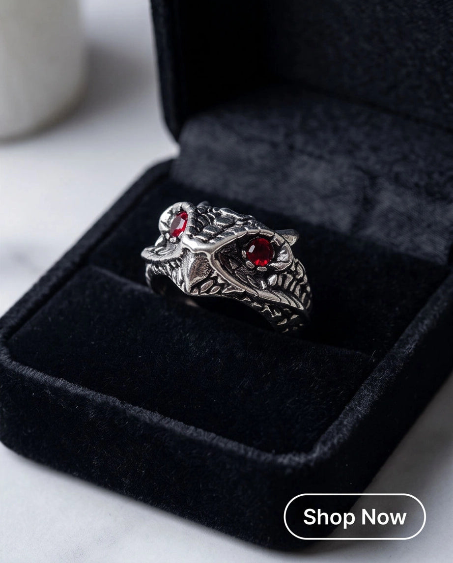 Crimson-Eyed Sculpted Serpent Head Ring