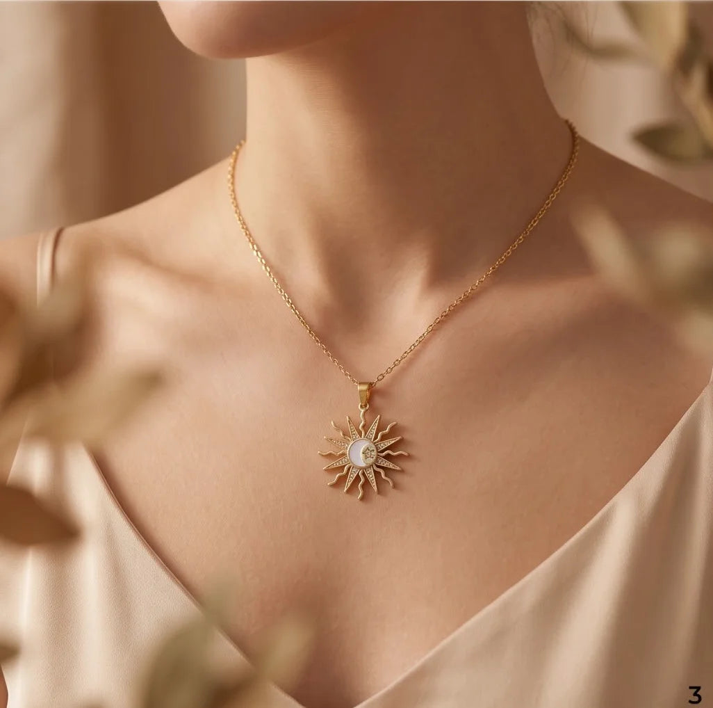 Gold Celestial Sun Moon Star Pendant Necklace