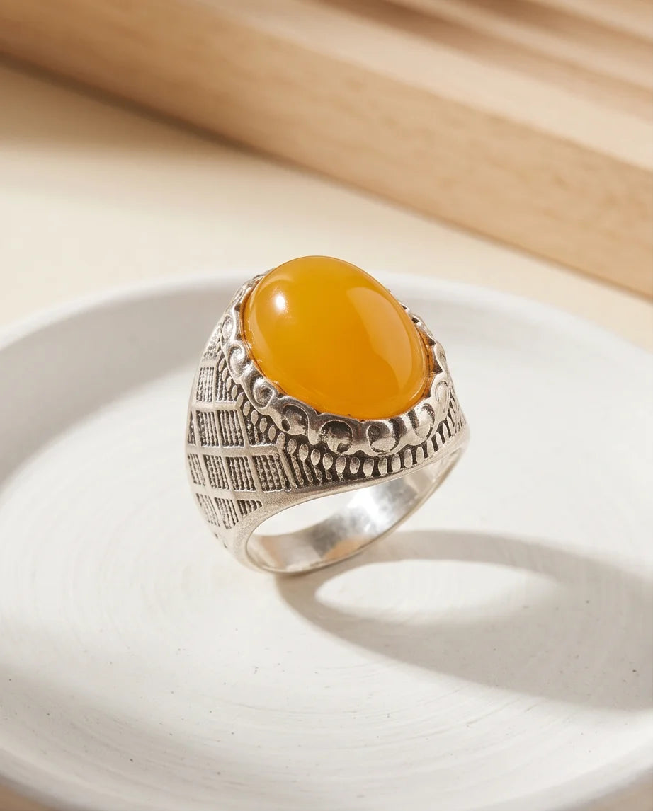 Amber Cabochon Crown Bezel Crosshatch Silver Ring